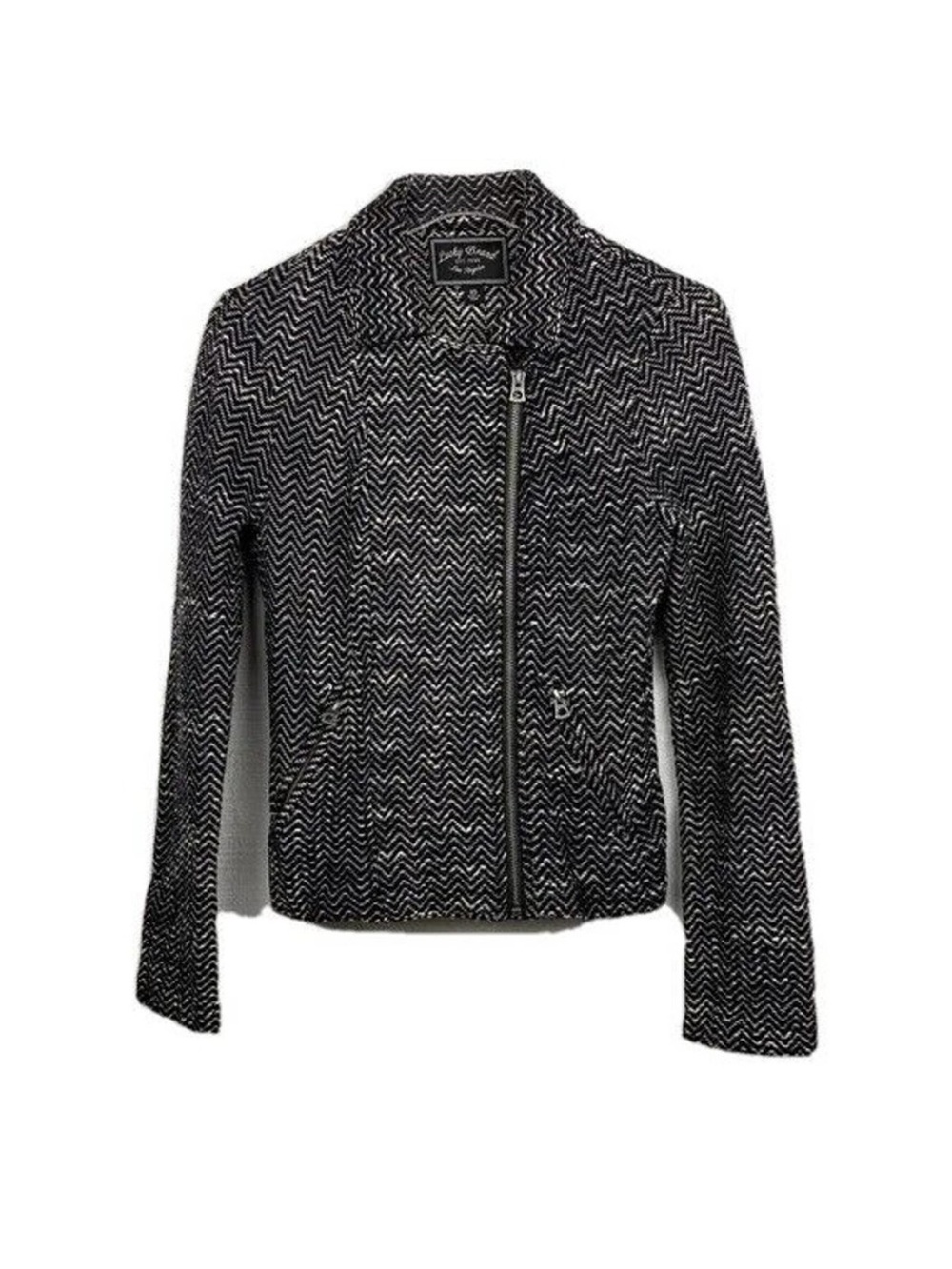 Lucky Brand Black and White Zigzag Chevron Moto Blazer Zipper Jacket